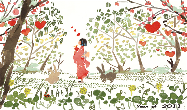 2011 abstract bug bunny faux_traditional_media flower gori_matsu heart holding insect japanese_clothes kimono ladybug original outdoors pale_color plant solo standing tree white_background