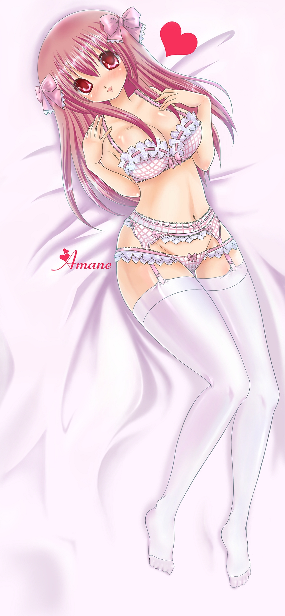 amane_(dream_c_club) bra breasts cleavage dream_c_club dream_c_club_(series) garter_belt heart highres large_breasts lingerie lying panties pink_eyes pink_hair ribbon solo thighhighs underwear underwear_only yashahime_(dolcevite)