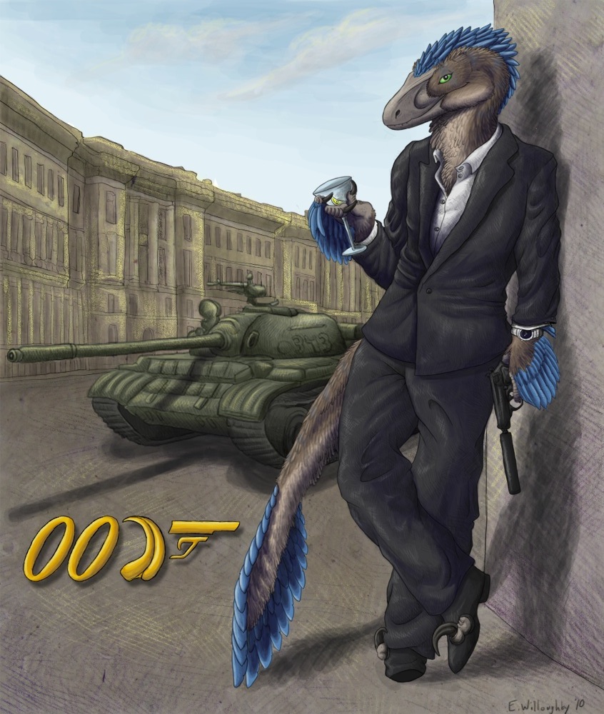 007 2010 cayro claws deinonychus dinosaur feathers green_eyes gun ixerin male martini raptor scalie shoes solo suit tail tank watch weapon