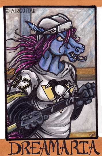 2010 airguitar_(artist) blue clothed conbadge dreamaria equine fangs female forked_tongue hair hockey horse jersey long_hair pittsburgh_penguins purple_hair solo