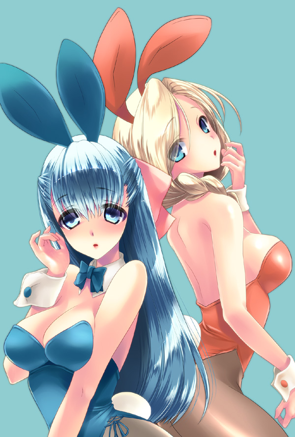 2girls animal_ears back-to-back bare_shoulders bianca blonde_hair blue_eyes blue_hair bow bowtie braid breasts bunny_ears bunnysuit cleavage dragon_quest dragon_quest_v finger_to_mouth flora hair_over_shoulder long_hair medium_breasts multiple_girls pantyhose wrist_cuffs