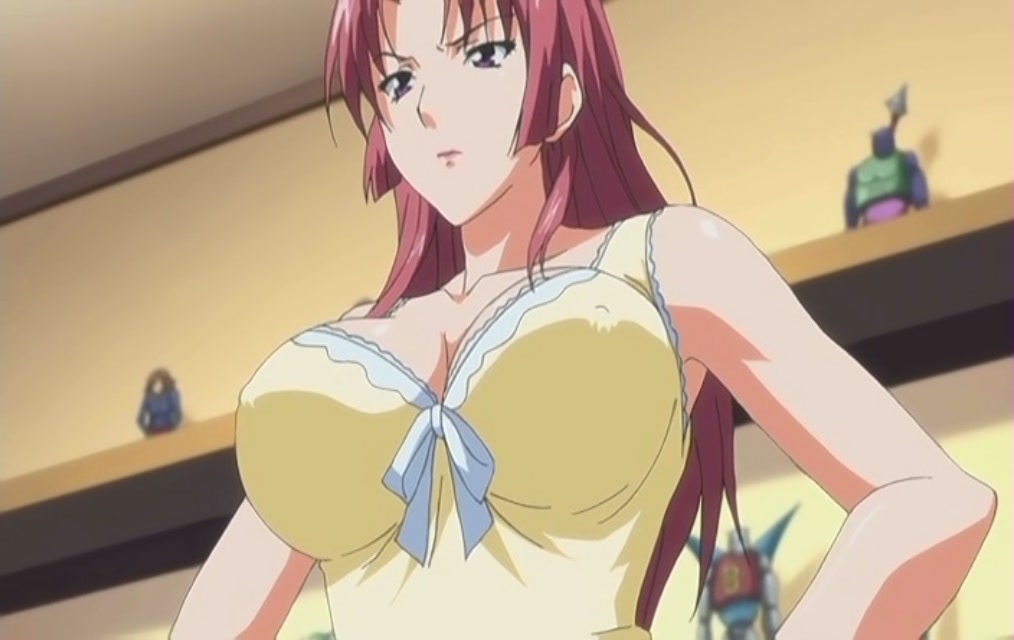 angry bare_shoulders breasts cleavage erect_nipples female figure hand_on_hips hentai huge_breasts immoral_mother indoors lipstick long_hair makeup red_eyes red_hair solo standing wall