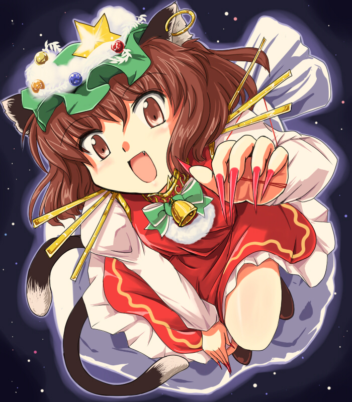 animal_ears bell brown_eyes brown_hair cat_ears cat_tail chen christmas christmas_ornaments earrings fang fingernails flx hat jewelry long_fingernails multiple_tails open_mouth sack short_hair solo star tail touhou