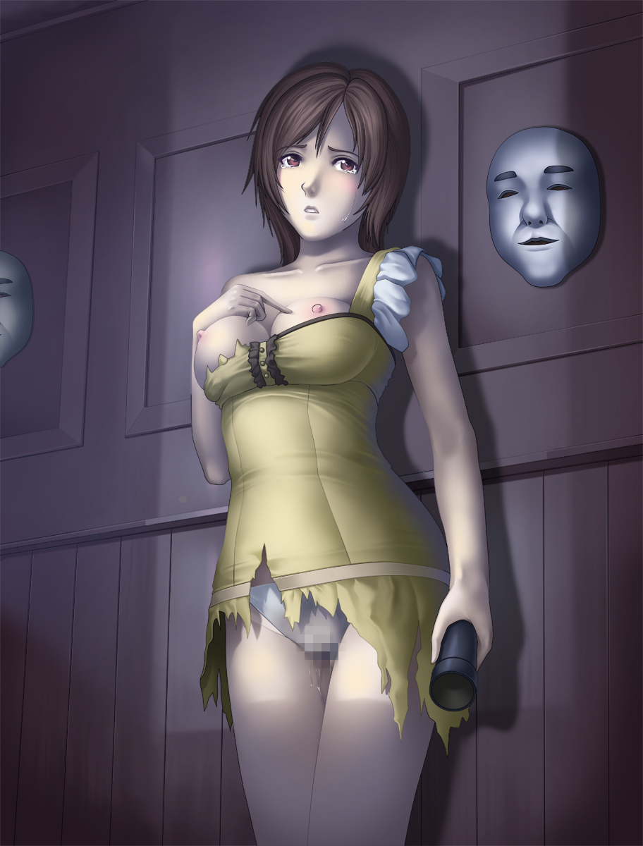 big_breasts blush breasts brown_hair cameltoe censored deep_rising fatal_frame highres large_breasts nipples panties pussy_juice short_hair tears thor_(deep_rising) torn_clothes underwear