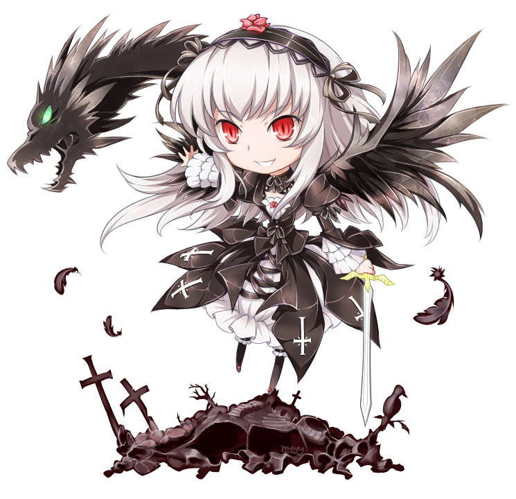 bad_id bad_pixiv_id black_wings cross dress feathers flower frills full_body hairband long_hair mtyy open_mouth pink_flower pink_rose red_eyes rose rozen_maiden solo suigintou sword transparent_background weapon white_hair wings