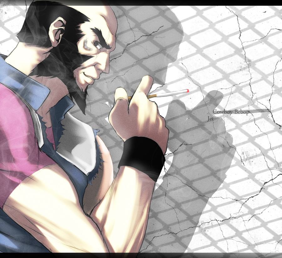 armband bad_id bad_pixiv_id bald banned_artist beard black_hair cigarette cowboy_bebop facial_hair jet_black letterboxed male_focus s_tanly shadow solo