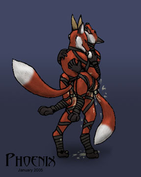 2005 bdsm bondage canine couple cuffs eyes_closed female fox horns male open_mouth phoenix_(artist) sex standing straps tails