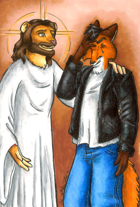 beard brown_hair canine christian couple facepalm feline fox hair hollyann jesus leather lion lol male