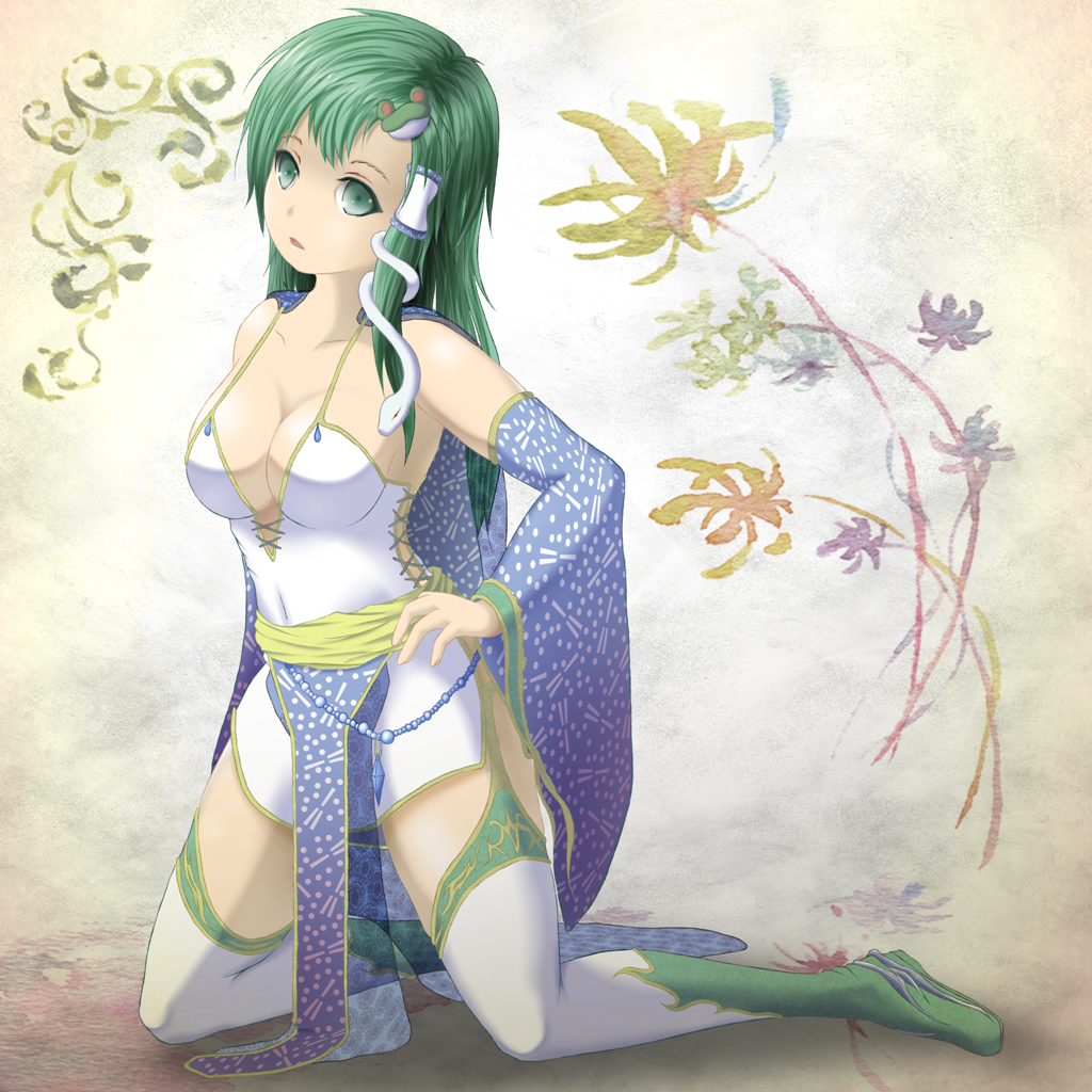 adapted_costume bare_shoulders boots breasts cape cleavage cosplay detached_sleeves final_fantasy final_fantasy_iv frog green_eyes green_footwear green_hair hair_ornament kochiya_sanae long_hair masatome medium_breasts rydia rydia_(cosplay) snake solo thighhighs touhou white_legwear