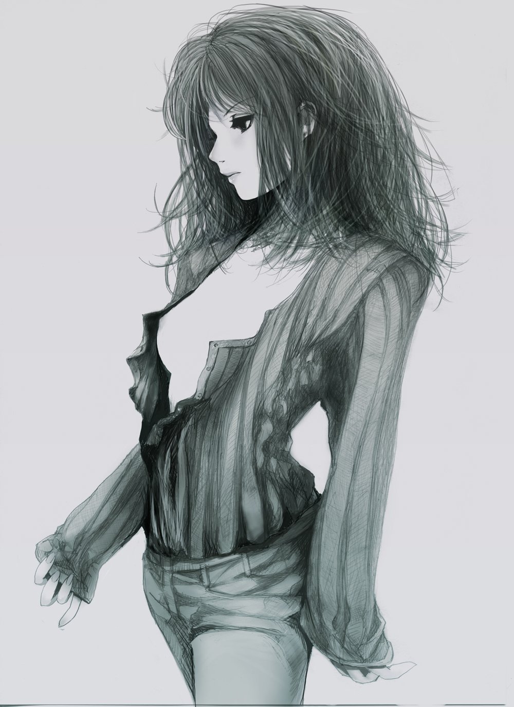breasts colored_pencil_(medium) greyscale highres lips long_hair messy_hair monochrome nipples nishinogi open_clothes open_shirt original profile shirt simple_background sketch small_breasts solo traditional_media