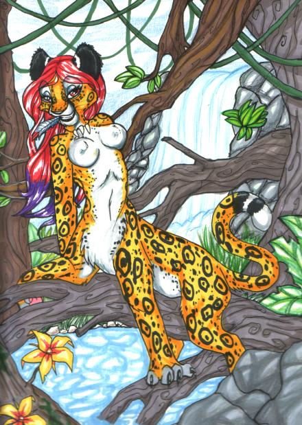 cheetah feline female flower hair holly_massey long_hair mammal nipples solo tail taur vines water waterfall