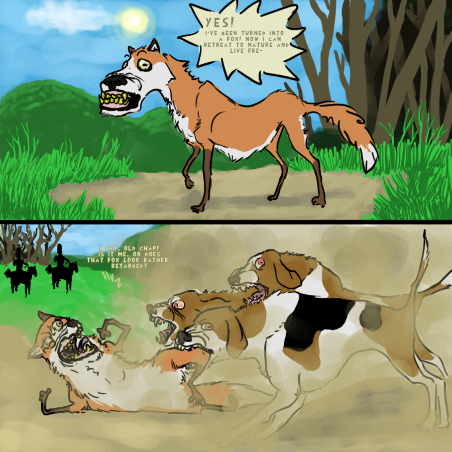 attack beagle bite british canine comic crying death derp dialog digitigrade dog english_text equine feral forest fox fox_hunt grass hat horse hound human humor hunt hunter hunting implications kill lol mammal mountain natural_selection nature otherkin retarded screaming sun teeth text transformation tree troll violence