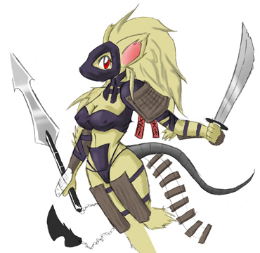 female ink-eyes magic_the_gathering mask naginata rat red_eyes rodent skimpy solo sword unconvincing_armour unknown_artist weapon