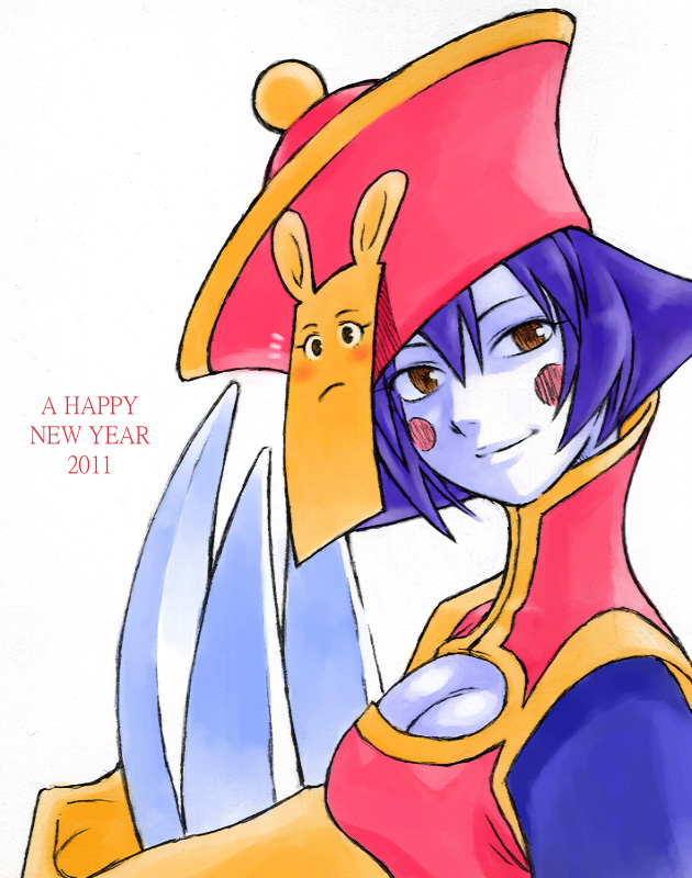 2011 blue_hair blue_skin breasts brown_eyes claws cleavage cleavage_cutout flipped_hair hat jiangshi lei_lei medium_breasts new_year non-web_source smile solo vampire_(game)