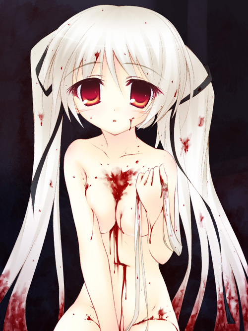 blood blood_on_face breasts censored cleavage convenient_censoring long_hair nude original red_eyes small_breasts solo white_hair yuku_(kiollion)