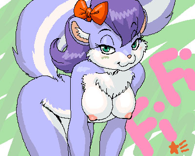 bow breasts chest_tuft countershading dr_comet ear_tuft female fifi_la_fume fifi_le_fume fur green green_eyes hair mammal oekaki purple purple_hair raised_tail skunk solo tail tiny_toon_adventures tiny_toons tuft unknown_artist warner_brothers