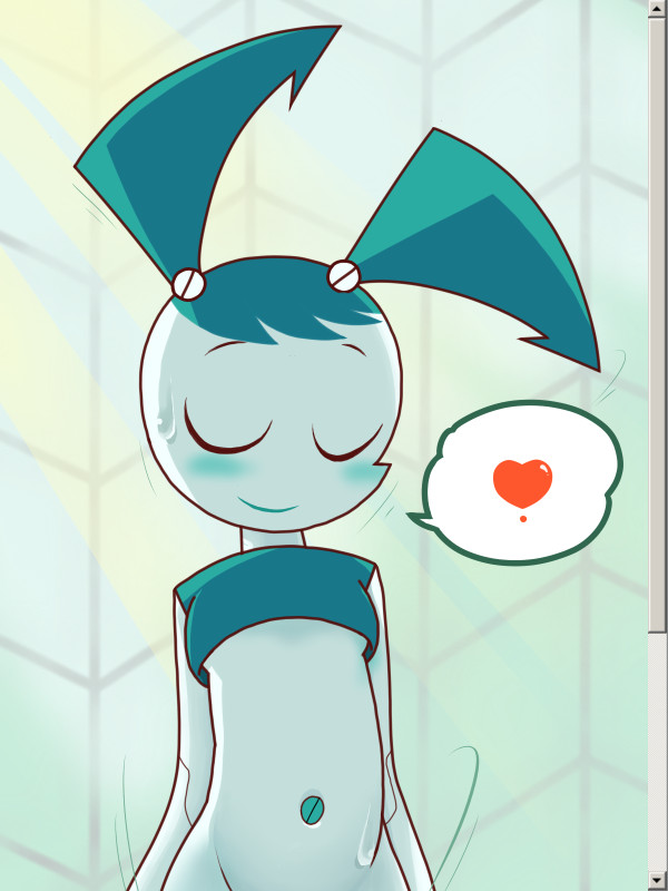 aqua_hair blush bottomless closed_eyes crop_top enpitsu_(pencil) fake_scrollbar flat_chest heart implied_sex jennifer_wakeman my_life_as_a_teenage_robot navel nickelodeon out-of-frame_censoring robot robot_joints smile solo spoken_heart sweat sweatdrop twintails