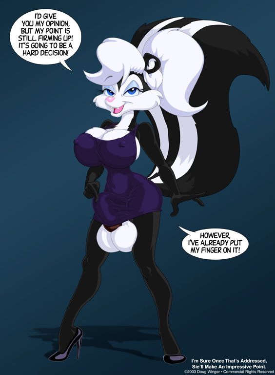 balls black black_fur blue_eyes breasts bulge clothing dialog dialogue dickgirl doug_winger dress english_text fangs fur hair half-closed_eyes herm hyper intersex looking_at_viewer mammal open_mouth penis pink_nose ponytail raised_tail skunk solo tail text white white_fur white_hair