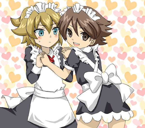 2boys blonde_hair blue_eyes blush brown_eyes brown_hair crossdressing ichinose_kazuya inazuma_eleven inazuma_eleven_(series) maid maid_headdress mark_kluger mark_kruger multiple_boys trap