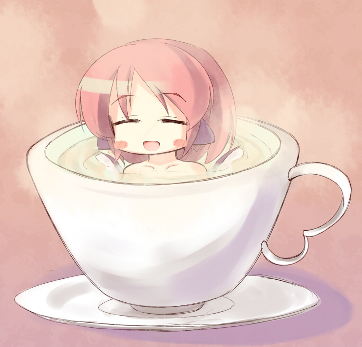 animal_ears blush_stickers boxinhev chibi closed_eyes cup in_container in_cup minigirl mystia_lorelei nude open_mouth pink_hair short_hair solo touhou wings