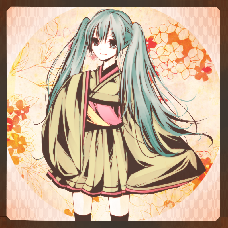 bad_id bad_pixiv_id flower hatsune_miku japanese_clothes long_hair sheruno skirt sleeves_past_wrists smile solo thighhighs twintails vocaloid