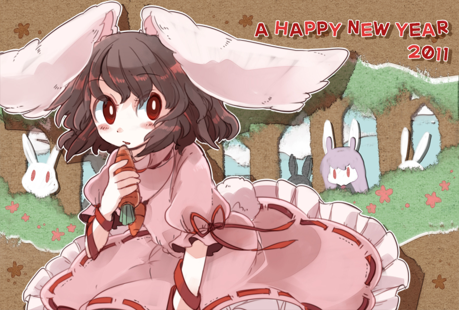 2girls animal_ears bad_id bad_pixiv_id blush brown_hair bunny bunny_ears bunny_tail carrot chachi_(azuzu) chibi dress hiding inaba_tewi multiple_girls new_year red_eyes reisen_udongein_inaba ribbon short_hair tail touhou