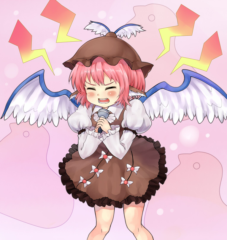 animal_ears blue_door closed_eyes hat hiyoko_manjuu microphone music mystia_lorelei pink_hair short_hair singing solo touhou wings