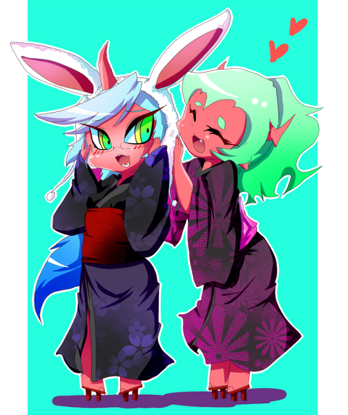 alternate_costume animal_ears blue_hair blush breasts bunny_ears demon_girl eyes_closed fang geta glasses green_eyes green_hair heart hearts horns ingenmame japanese_clothes kimono kneesocks_(character) kneesocks_(psg) long_hair nabeshiki_(ingenmame) new_year open_mouth panty_&amp;_stocking_with_garterbelt pointy_ears ponytail red_skin scanty scanty_(psg) siblings sisters sleeves_past_wrist sleeves_past_wrists small_breasts smile very_long_hair