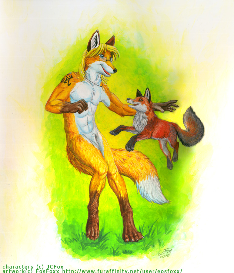 blonde_hair blue_eyes canine couple critter duo eosfoxx eyewear feral fox glasses hair male mammal necklace non-anthro nude red_eyes sheath shoulder_tattoo tattoo