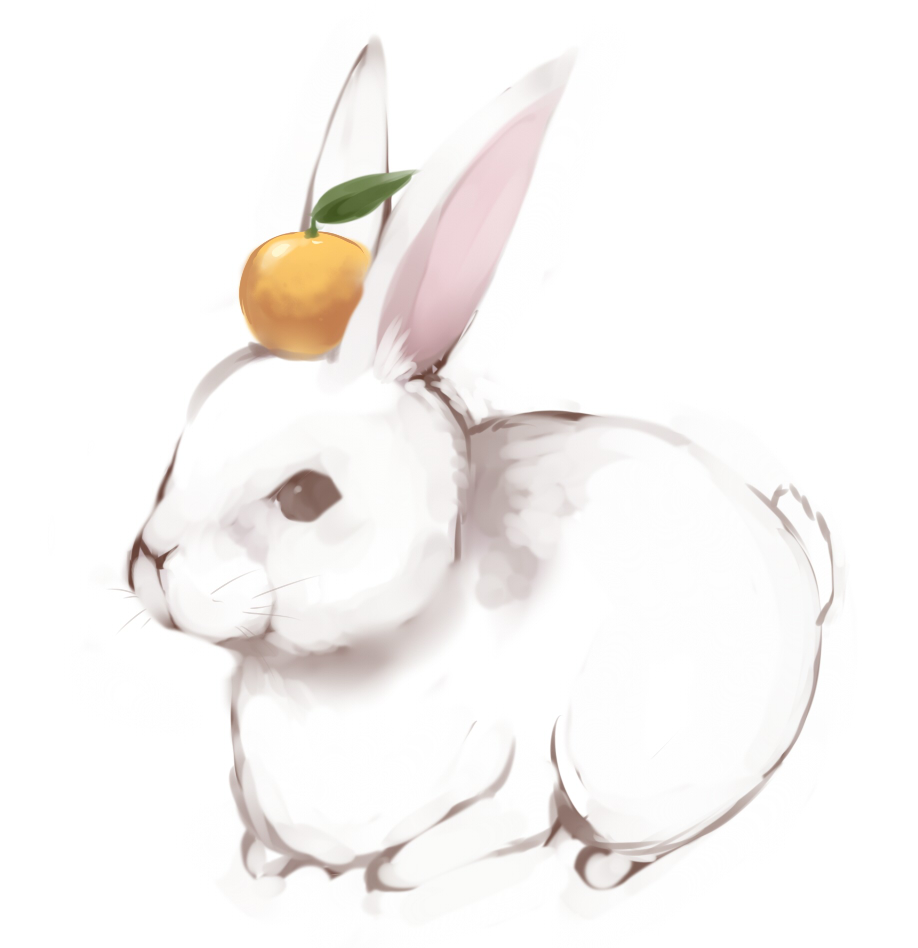 bad_pixiv_id bunny food fruit mandarin_orange maruki_(punchiki) no_humans object_on_head original simple_background