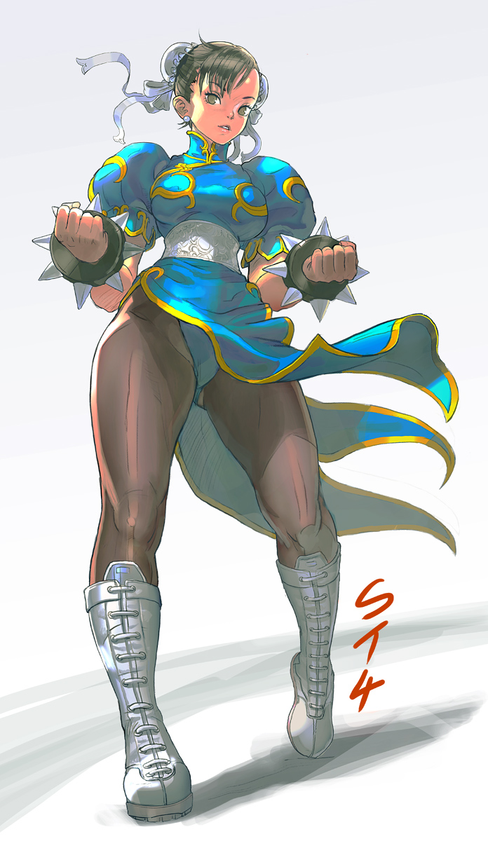 bad_id bad_pixiv_id boots bracelet brown_eyes brown_hair bun_cover china_dress chinese_clothes chun-li double_bun dress full_body highres jewelry kilart knee_boots legs pantyhose pelvic_curtain sash short_hair simple_background solo spiked_bracelet spikes street_fighter thick_thighs thighs