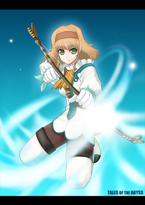 aqua_background blonde_hair boots bow_(weapon) breasts copyright_name gloves green_eyes hairband kneeling letterboxed medium_breasts natalia_luzu_kimlasca_lanvaldear orange_neckwear pantyhose short_hair solo sugar_(sugarless) tales_of_(series) tales_of_the_abyss thigh_boots thighhighs weapon
