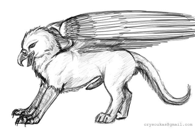 beak crysoukas feral greyscale gryphon line_art male monochrome penis plain_background sketch solo white_background wings