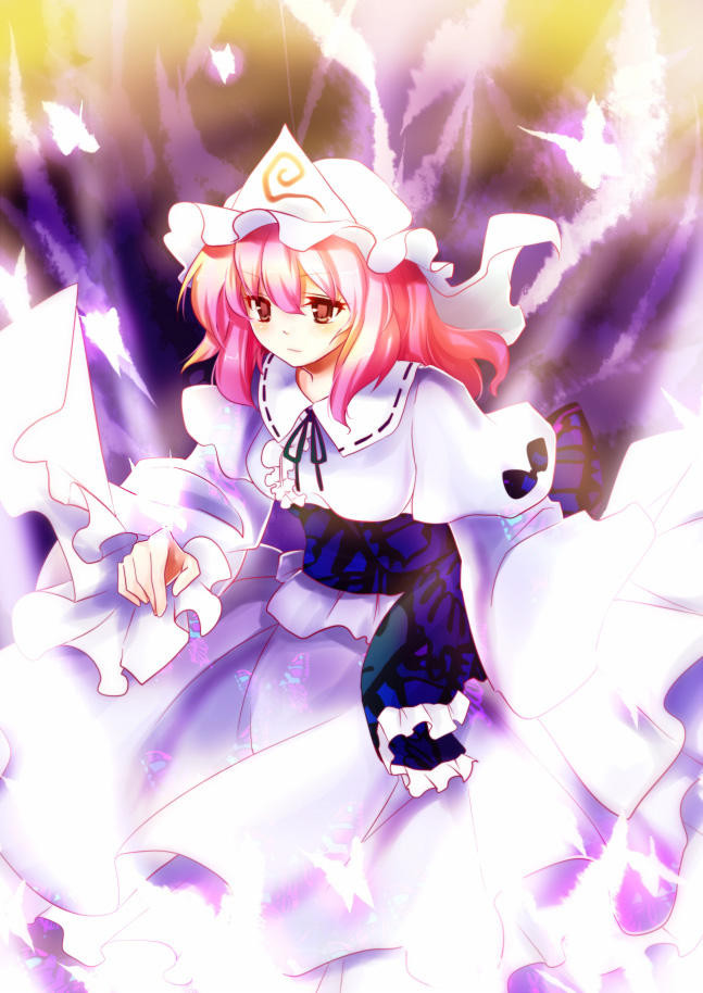 breasts bug butterfly ghost hat insect japanese_clothes kimono long_hair medium_breasts pink_eyes pink_hair saigyouji_yuyuko solo touhou yetworldview_kaze