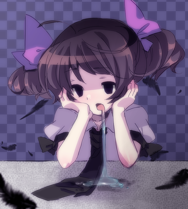 amo black_eyes brown_hair checkered checkered_background chin_rest drooling empty_eyes feathers hata-tan himekaidou_hatate necktie purple_eyes saliva short_hair short_twintails solo touhou twintails