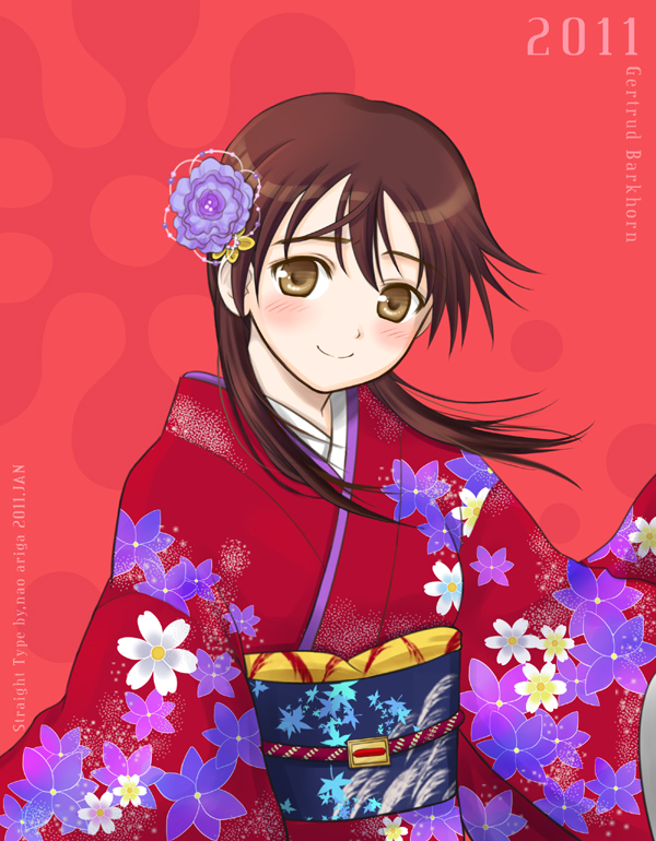 2011 ariga_nao blush brown_eyes brown_hair flower gertrud_barkhorn hair_down hair_flower hair_ornament japanese_clothes kimono long_hair new_year smile solo strike_witches world_witches_series