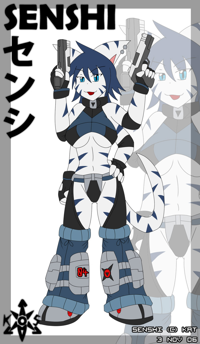 blue_eyes blue_hair cat feline female gun hair katsuke multi_limb multiple_arms mutant senshi solo weapon
