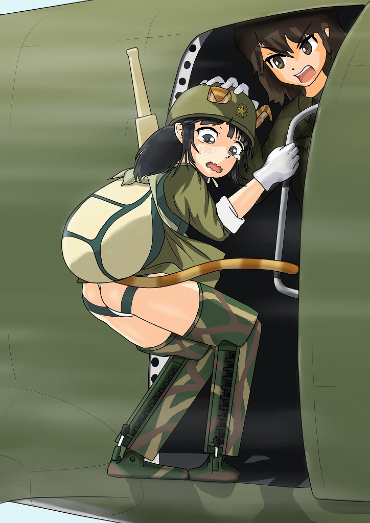 aircraft airplane aoi_ushi helmet imperial_japanese_army mecha_musume military military_vehicle multiple_girls original panties parachute personification type_2_ke-to_(personification) underwear world_war_ii world_witches_series