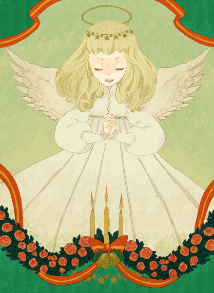 angel bad_id bad_pixiv_id bell blonde_hair candle christmas closed_eyes copyright_request dress flower halo hands_clasped l_hakase long_hair long_sleeves open_mouth orange_flower orange_rose own_hands_together rose solo star wings