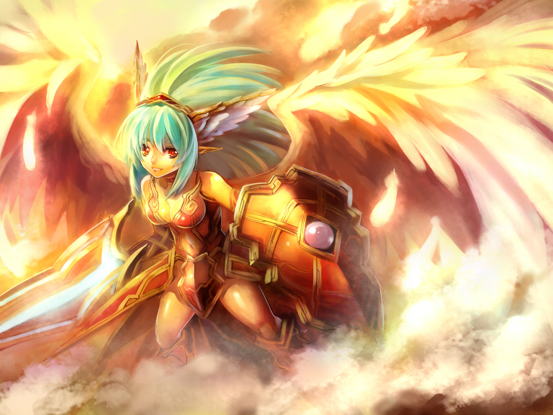 angel_wings armor edobox feathers green_hair original pointy_ears red_eyes shield solo weapon wings