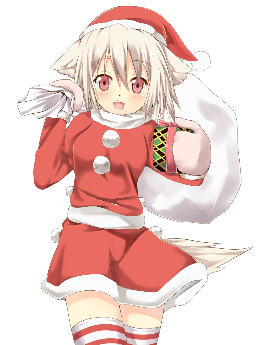 animal_ears bad_id bad_pixiv_id christmas efe face gift hat inubashiri_momiji mittens open_mouth red_eyes sack santa_costume santa_hat short_hair solo striped striped_legwear tail thighhighs touhou white_hair wolf_ears wolf_tail