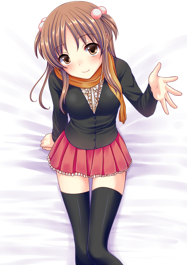 arm_support bad_id bad_pixiv_id blush brown_eyes brown_hair character_request copyright_request frills from_above hair_bobbles hair_ornament long_hair looking_at_viewer on_bed outstretched_hand scarf sitting skirt smile solo thighhighs tottoto_tomekichi two_side_up zettai_ryouiki