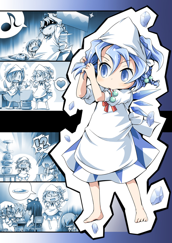 5girls adjusting_hair apron barefoot blue_eyes blue_hair chibi cirno comic cup daiyousei fish frog hair_bobbles hair_ornament ham_(points) head_scarf heart ice luna_child mouth_hold multiple_girls musical_note plate sakazuki silent_comic star_sapphire sunny_milk touhou wings