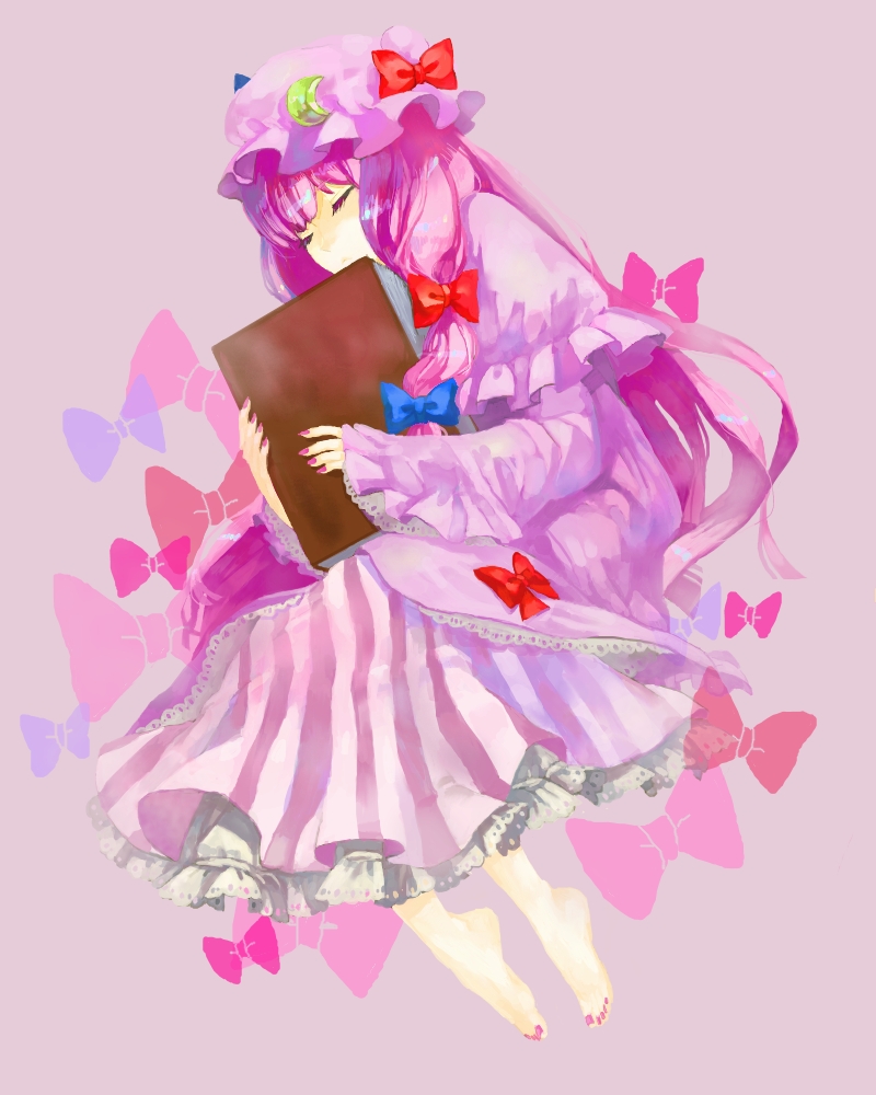 bad_id bad_pixiv_id book closed_eyes crescent hat hm holding patchouli_knowledge pink_hair ribbon solo toenails touhou