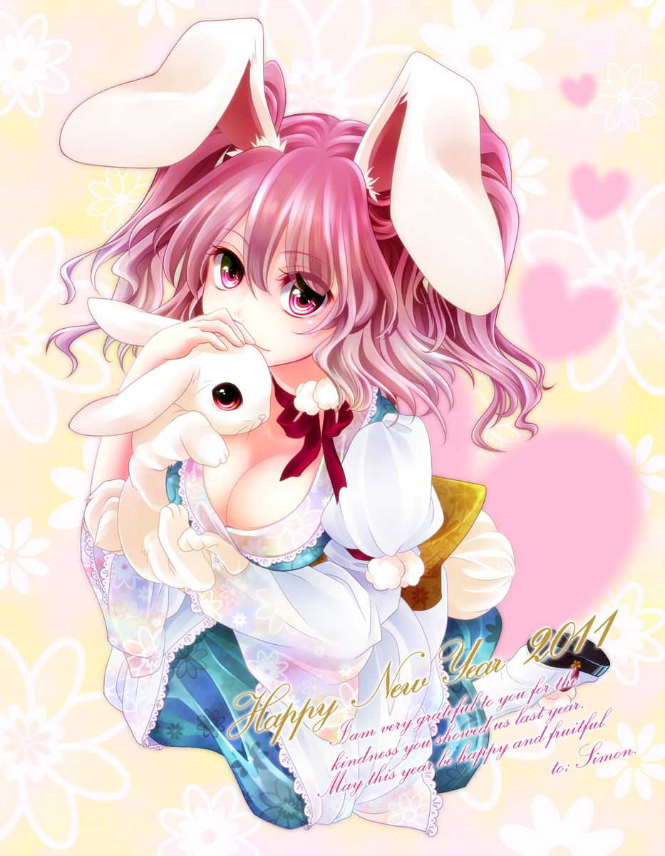 animal_ears breasts bunny bunny_ears cleavage highres medium_breasts onozuka_komachi red_eyes red_hair short_hair simons62166 solo touhou two_side_up
