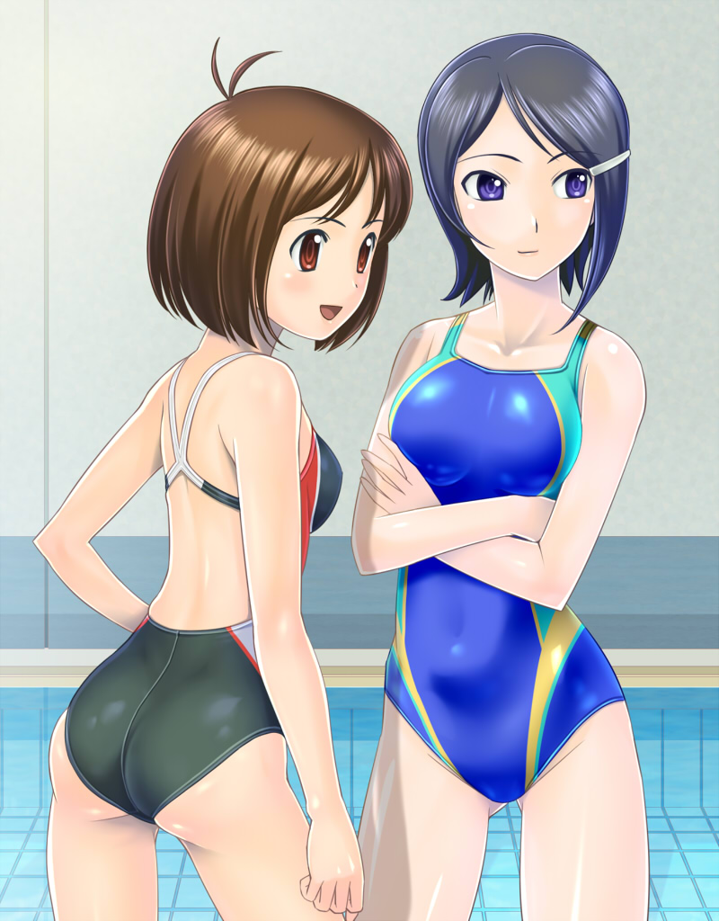 :d ahoge ass back bare_shoulders blue_eyes blue_hair brown_eyes brown_hair competition_swimsuit crossed_arms hair_ornament hairclip hidaka_ai idolmaster idolmaster_dearly_stars light_smile mizutani_eri muhi11234 multiple_girls one-piece_swimsuit open_mouth red_eyes shiny shiny_clothes short_hair smile swimsuit