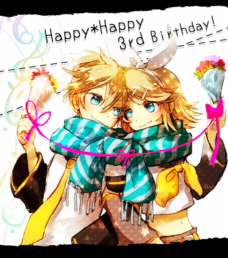 1girl banned_artist blonde_hair blue_eyes bouquet bow brother_and_sister flower hair_bow hair_ornament hairclip happy_birthday kagamine_len kagamine_rin ria ribbon scarf shared_scarf short_hair siblings smile striped striped_scarf twins vocaloid