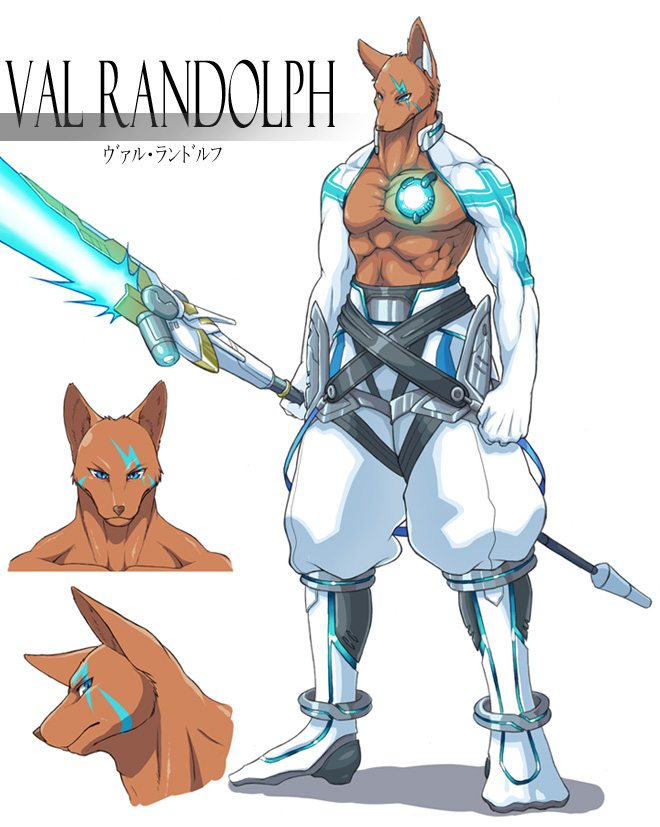 68 abs animal_ears anthro aqua_eyes armor belt biceps blue_eyes boots brown_fur brown_nose canine clothing dog energy_sword fur furry glaive glow glowing leather light_saber lightsaber looking_at_viewer male male_focus mammal muscle muscles original pants pecs personification plain_background polearm pose simple_background solo spear standing sword tattoo text toned topless val_randolph weapon white_background