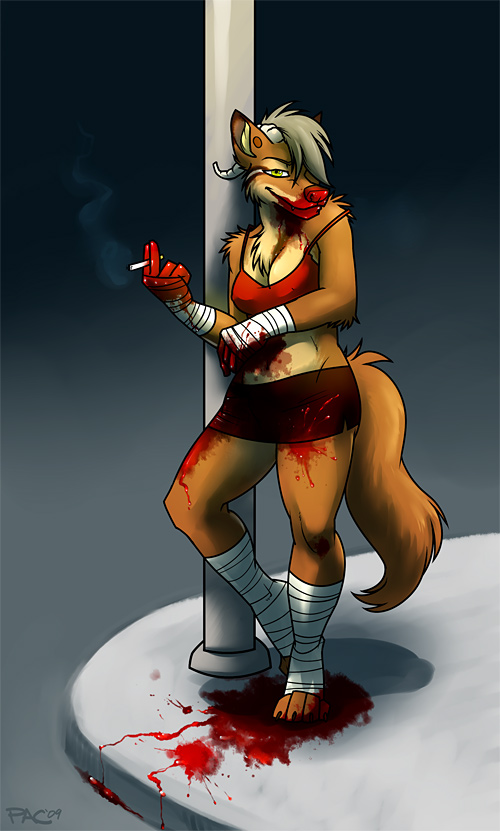 bandage blood canine cigarette female horns looking_at_viewer pac skirt smile wolf
