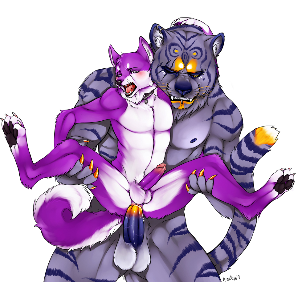 anal anal_penetration anthro azelyn canine dog duo feline fur gay husky male mammal moan penetration penis pkay plain_background purple purple_eyes purple_fur size_difference spread_legs spreading tiger tight tight_fit white_background xelinai yellow_eyes